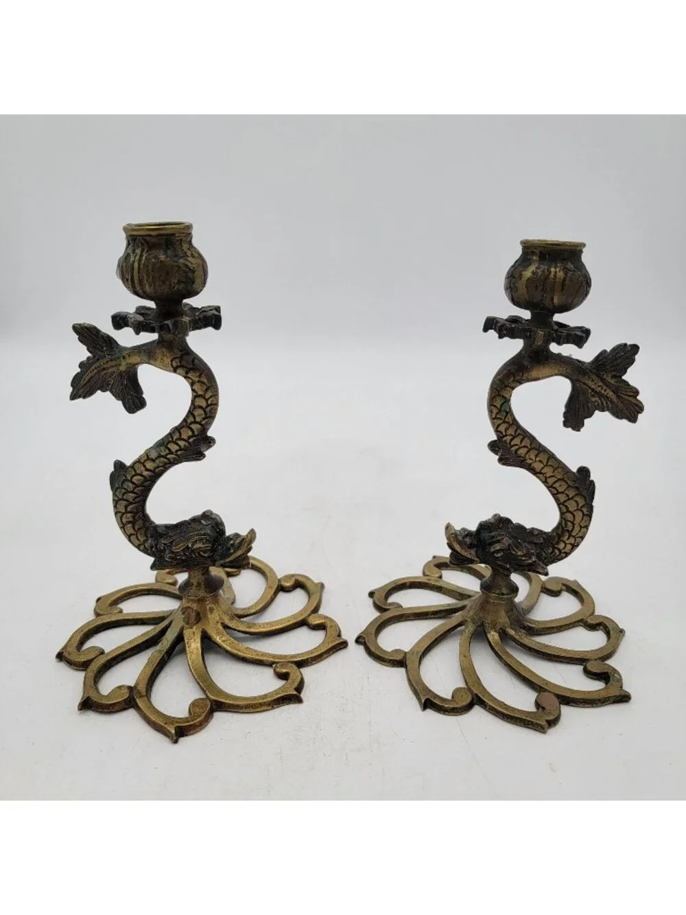Vintage Pair of Brass Heraldic Dolphin Fish Sea Serpent Candlestick Holders